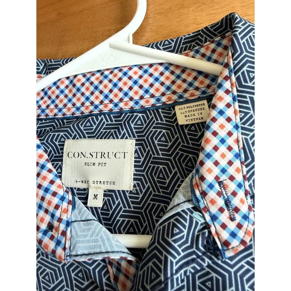 Construct Mens Slim Fit 4-Way Stretch Geometric Hexagon Button Down Shirt Navy M - Picture 3 of 7